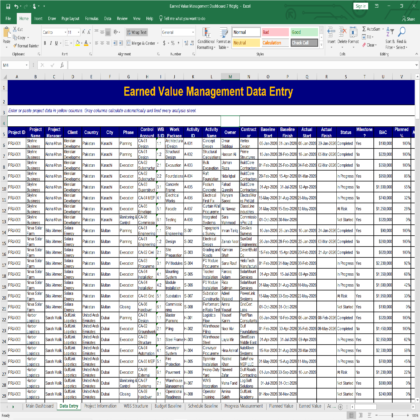 Earned Value Management Excel worksheets